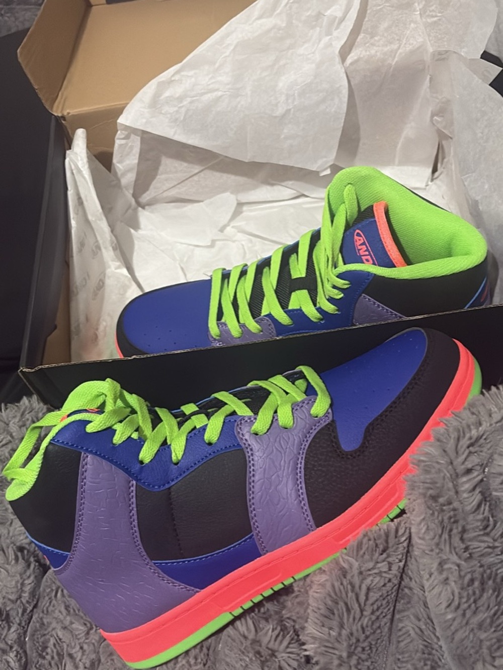 And1 Low-Top Sneakers in Blue, Purple & Neon Green with Coral Accent